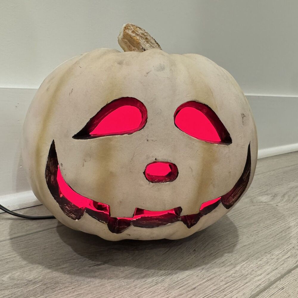 Halloween Light Up White Jack O Lantern Pumpkin Red Light Haunted Decor